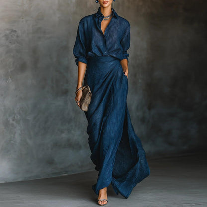 Blue Plain Long Sleeve Maxi Dress