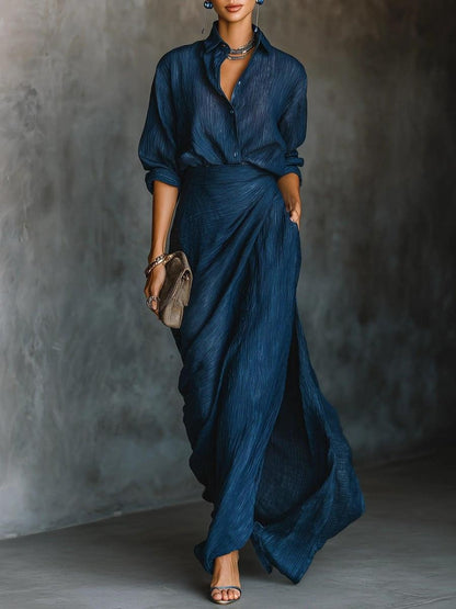 Blue Plain Long Sleeve Maxi Dress