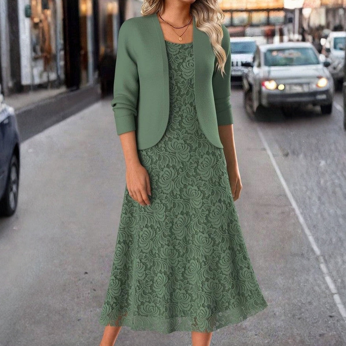 Fresh Green Mid-length Dress Matching Jacket