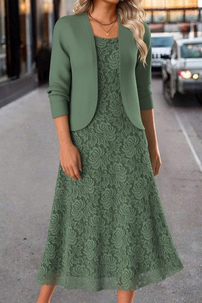 Fresh Green Mid-length Dress Matching Jacket
