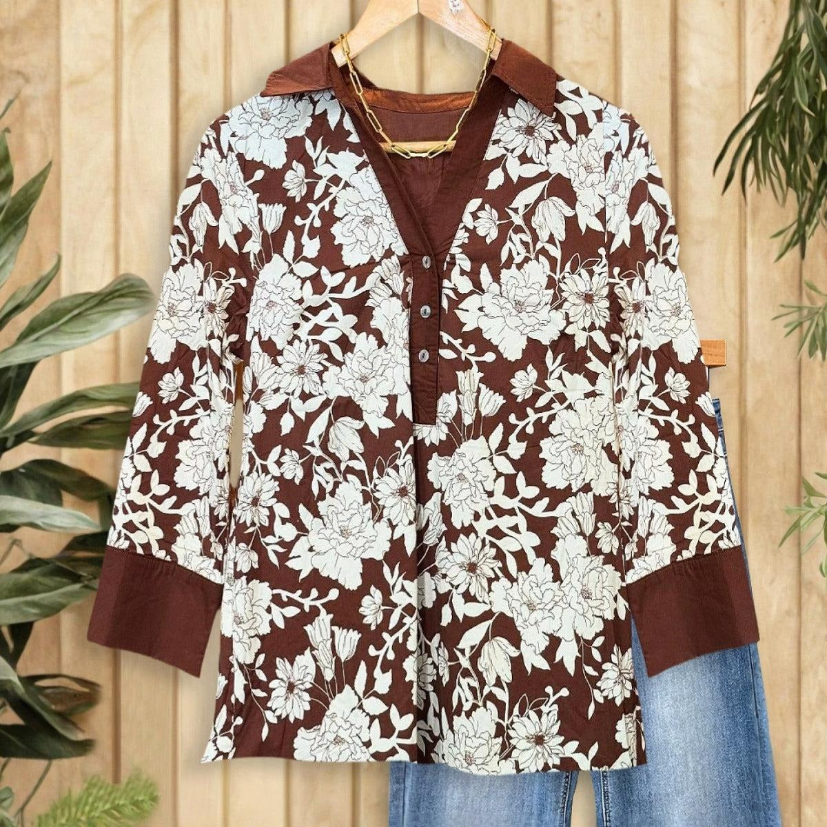 Coffee Long Sleeve Collared Top