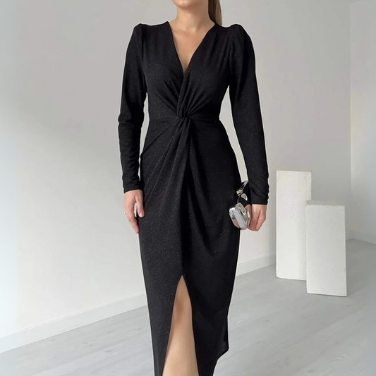 Black Glitter Twist-Front Slit Midi Dress