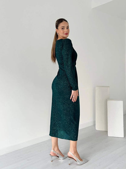 Black Glitter Twist-Front Slit Midi Dress