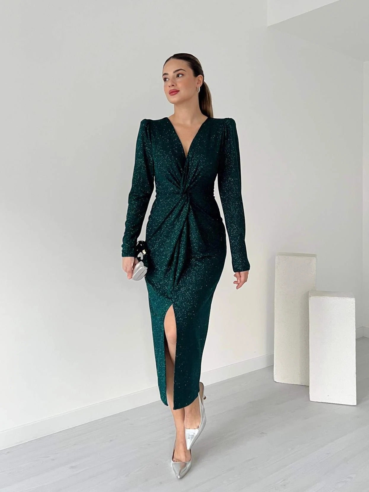 Black Glitter Twist-Front Slit Midi Dress