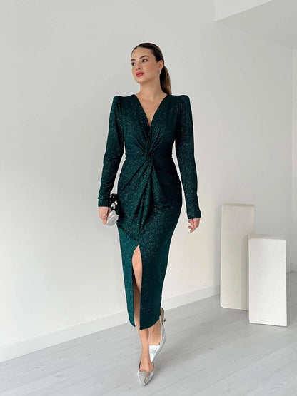 Black Glitter Twist-Front Slit Midi Dress