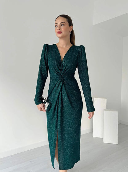 Black Glitter Twist-Front Slit Midi Dress