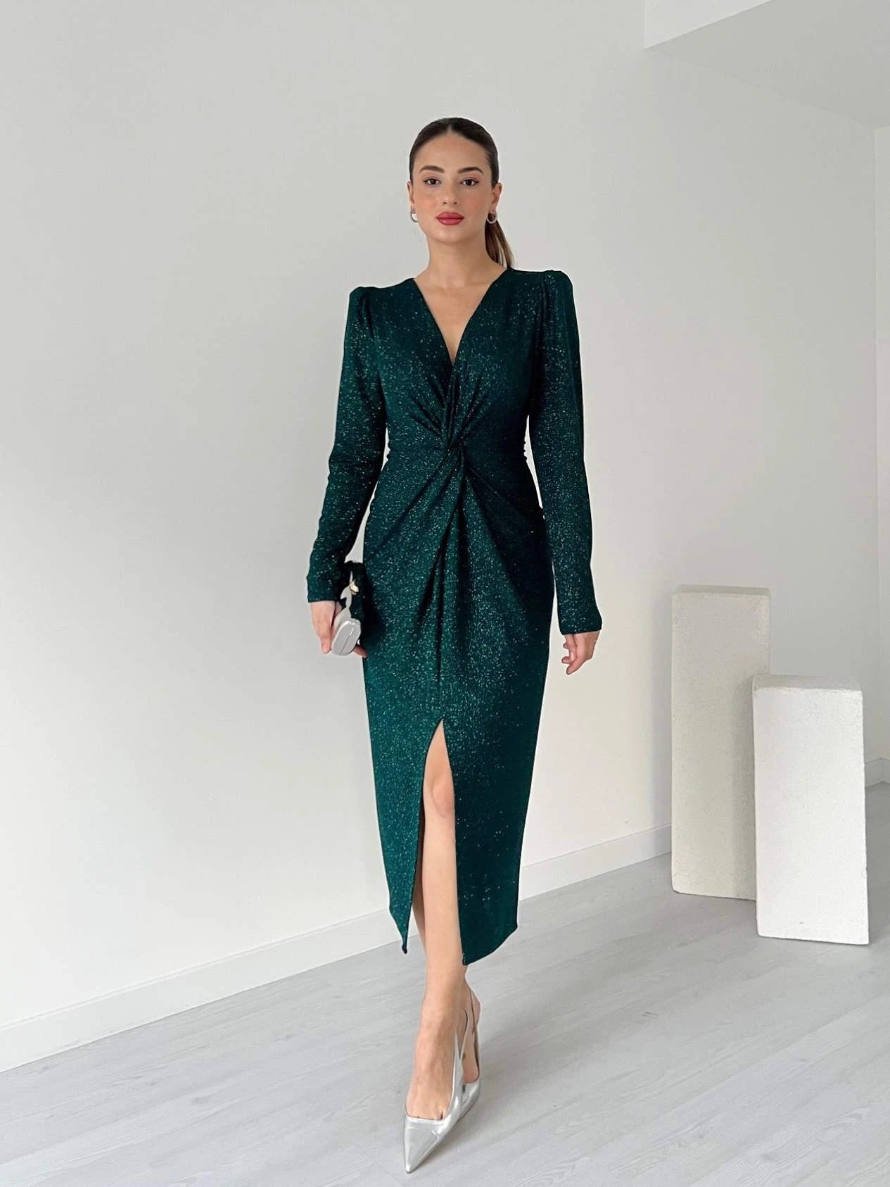 Black Glitter Twist-Front Slit Midi Dress