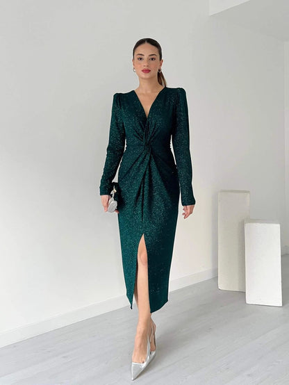Black Glitter Twist-Front Slit Midi Dress