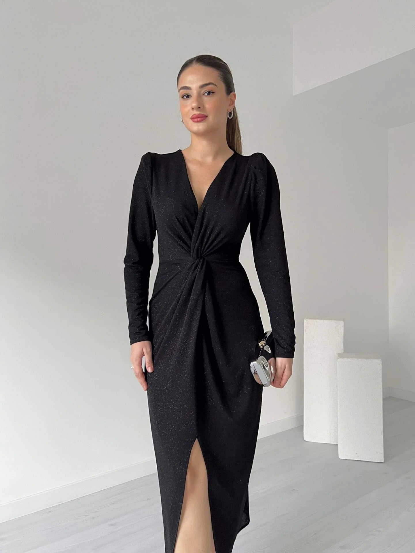 Black Glitter Twist-Front Slit Midi Dress