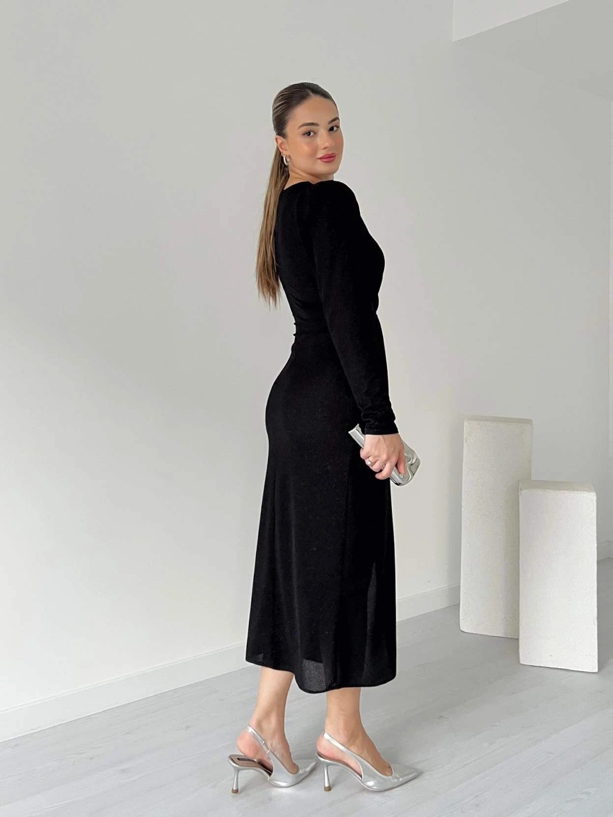 Black Glitter Twist-Front Slit Midi Dress