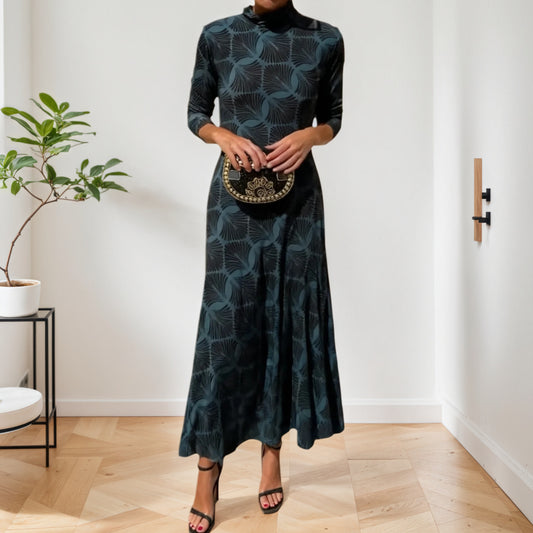 Teal Geometric Print High-Neck Maxi Dress