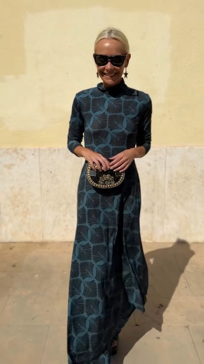 Teal Geometric Print High-Neck Maxi Dress