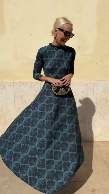 Teal Geometric Print High-Neck Maxi Dress