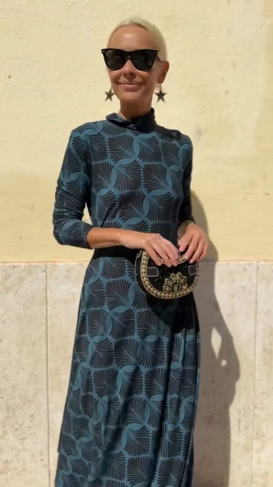 Teal Geometric Print High-Neck Maxi Dress