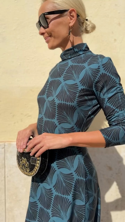 Teal Geometric Print High-Neck Maxi Dress