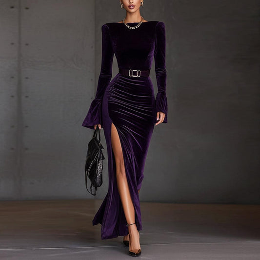 Purple Plain Boat Neck Maxi Dress