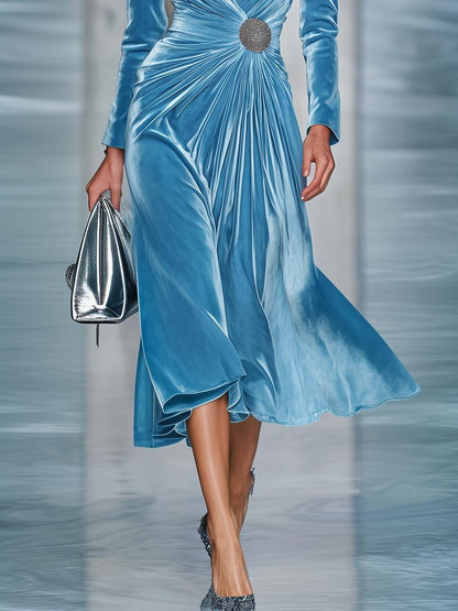 Blue Long Sleeve Plain Midi Dress