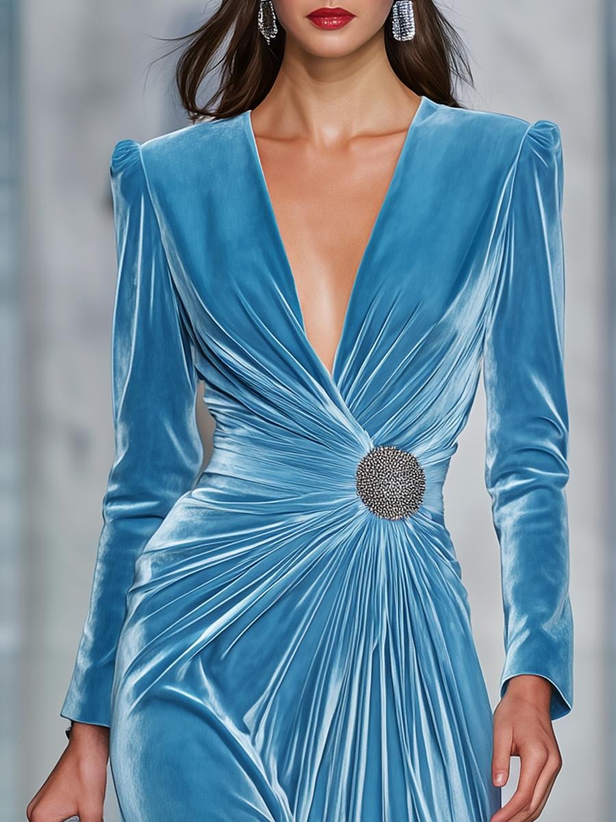 Blue Long Sleeve Plain Midi Dress