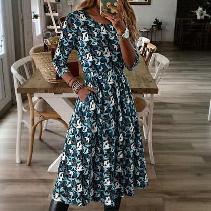 Fresh Long Sleeve Blue Midi Dress