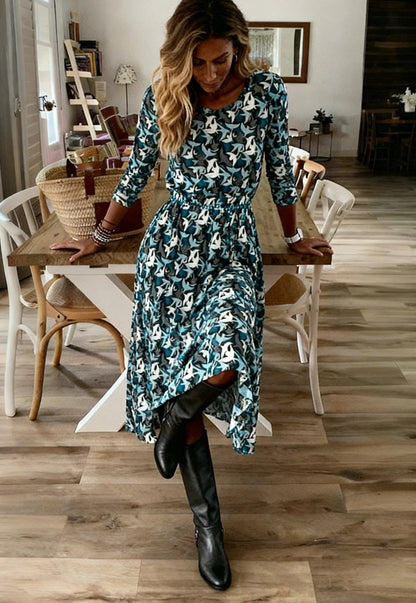 Fresh Long Sleeve Blue Midi Dress