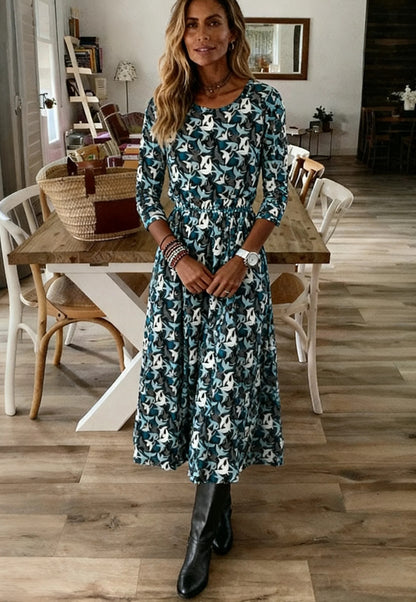 Fresh Long Sleeve Blue Midi Dress