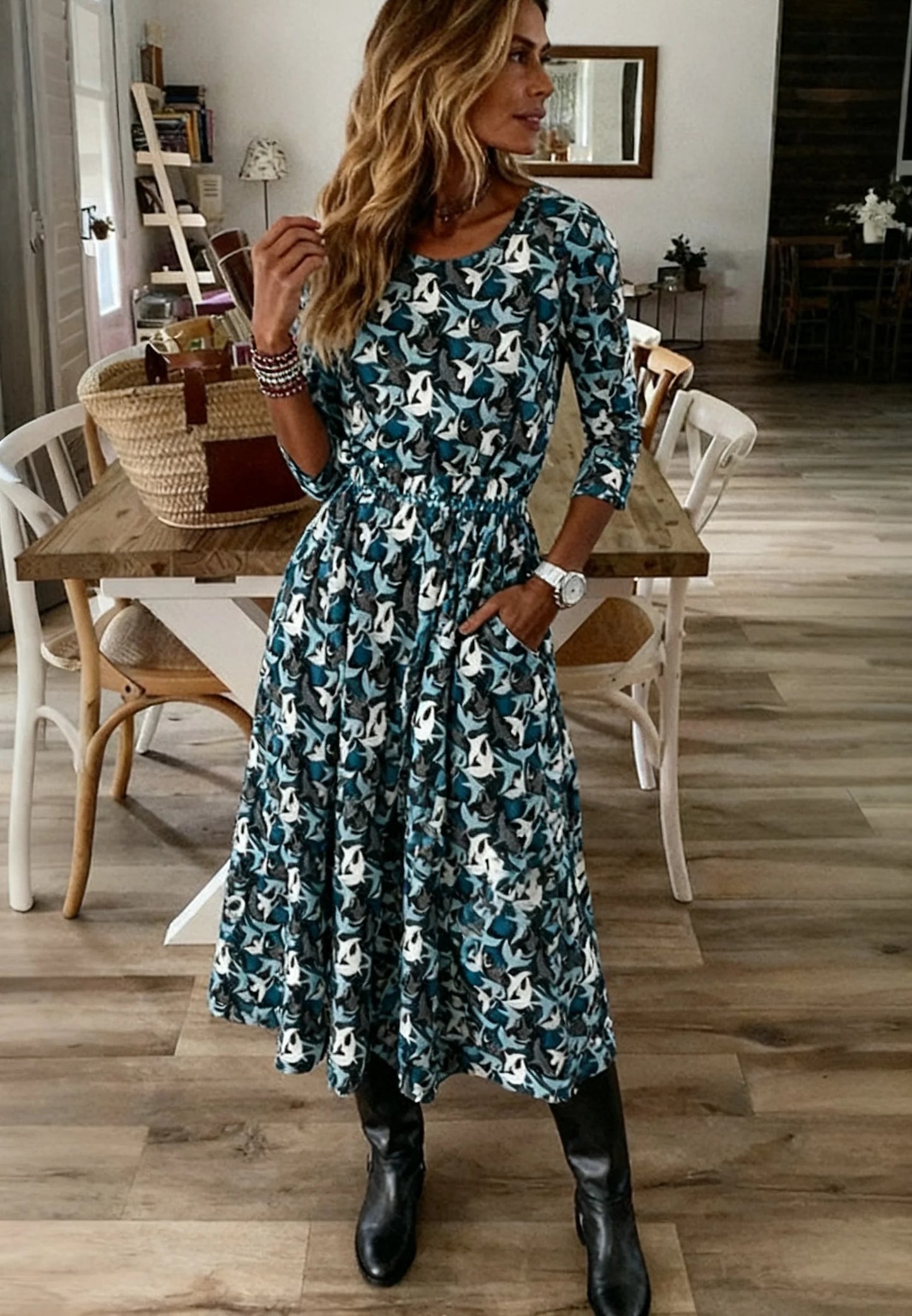 Fresh Long Sleeve Blue Midi Dress