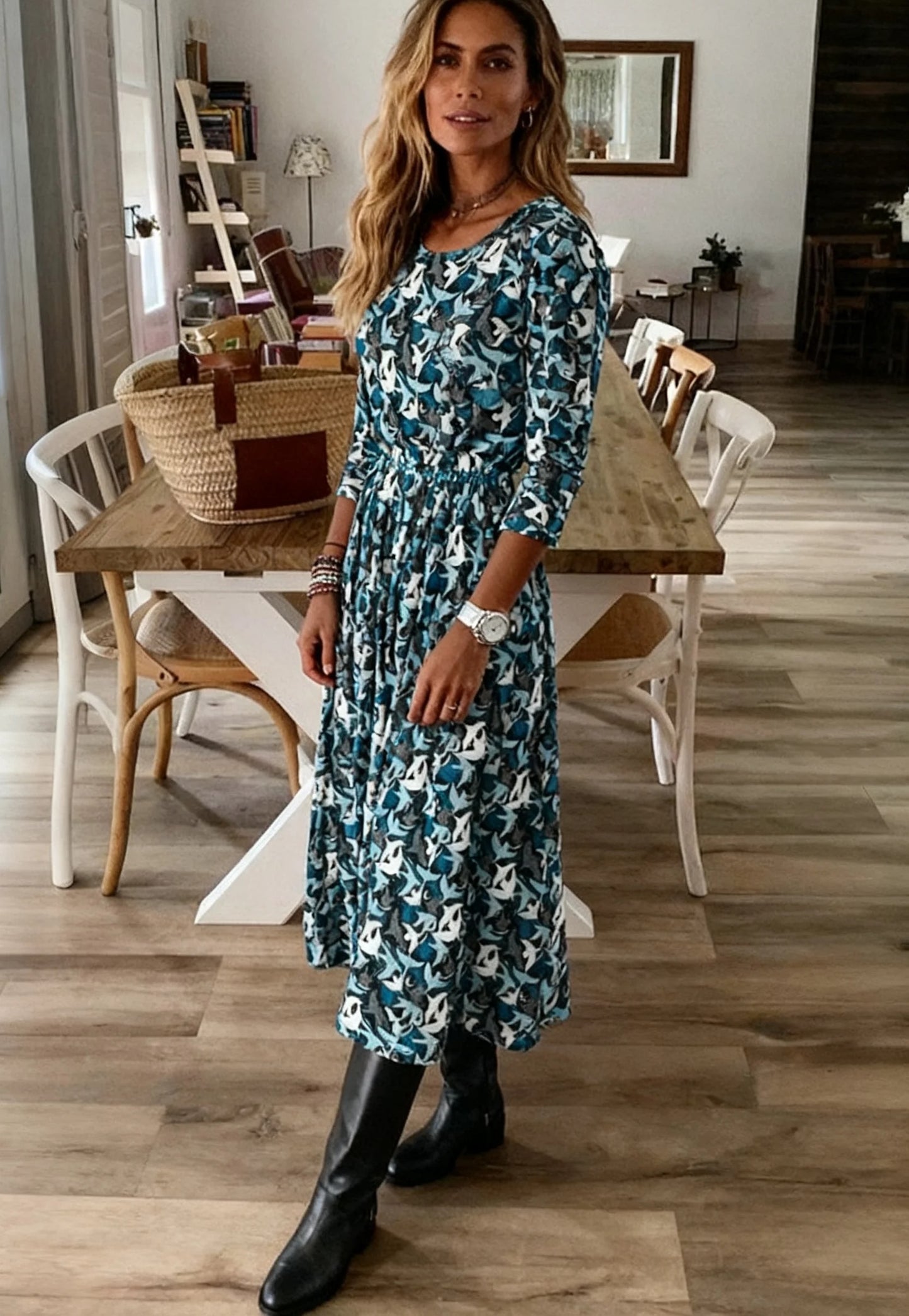 Fresh Long Sleeve Blue Midi Dress