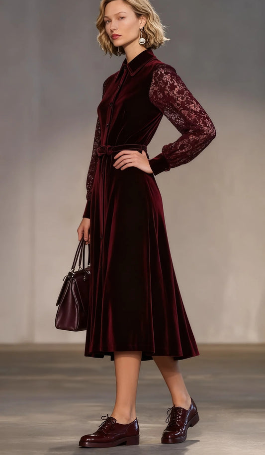 Showy Burgundy Long Sleeve Midi Dress