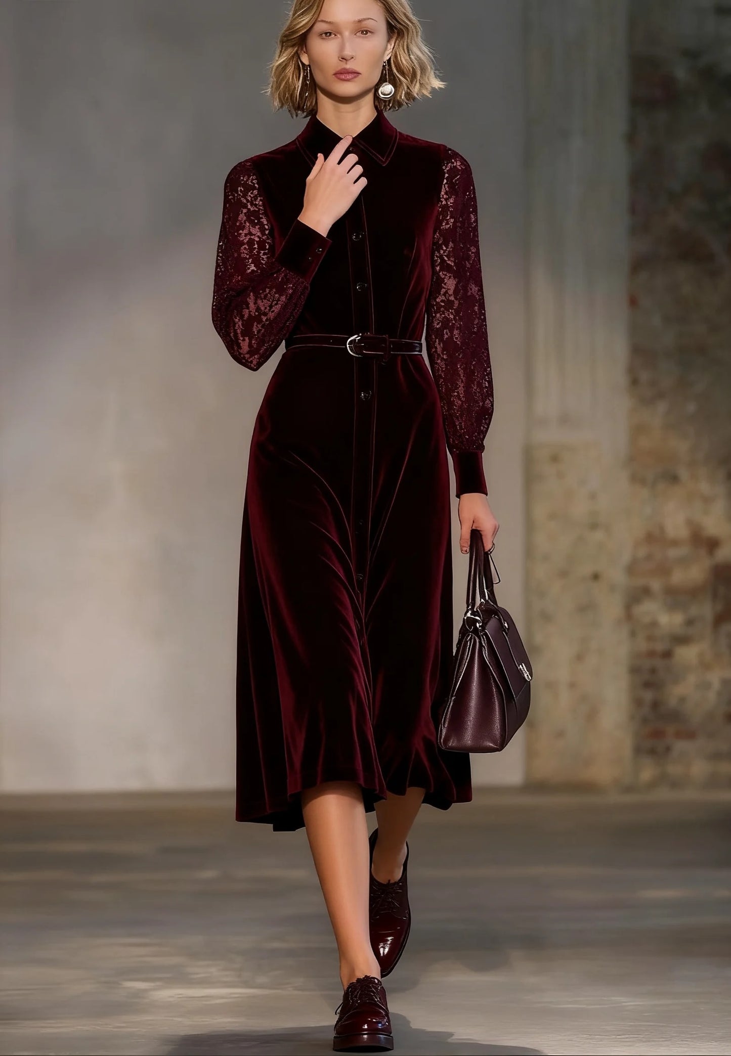 Showy Burgundy Long Sleeve Midi Dress