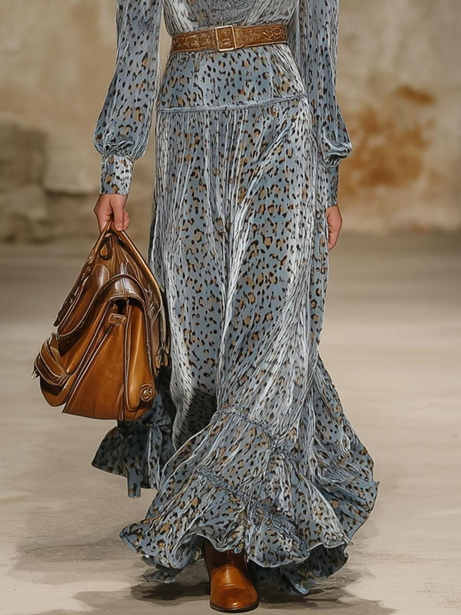 Grey Long Sleeve Leopard Maxi Dress