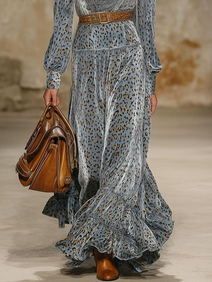 Grey Long Sleeve Leopard Maxi Dress