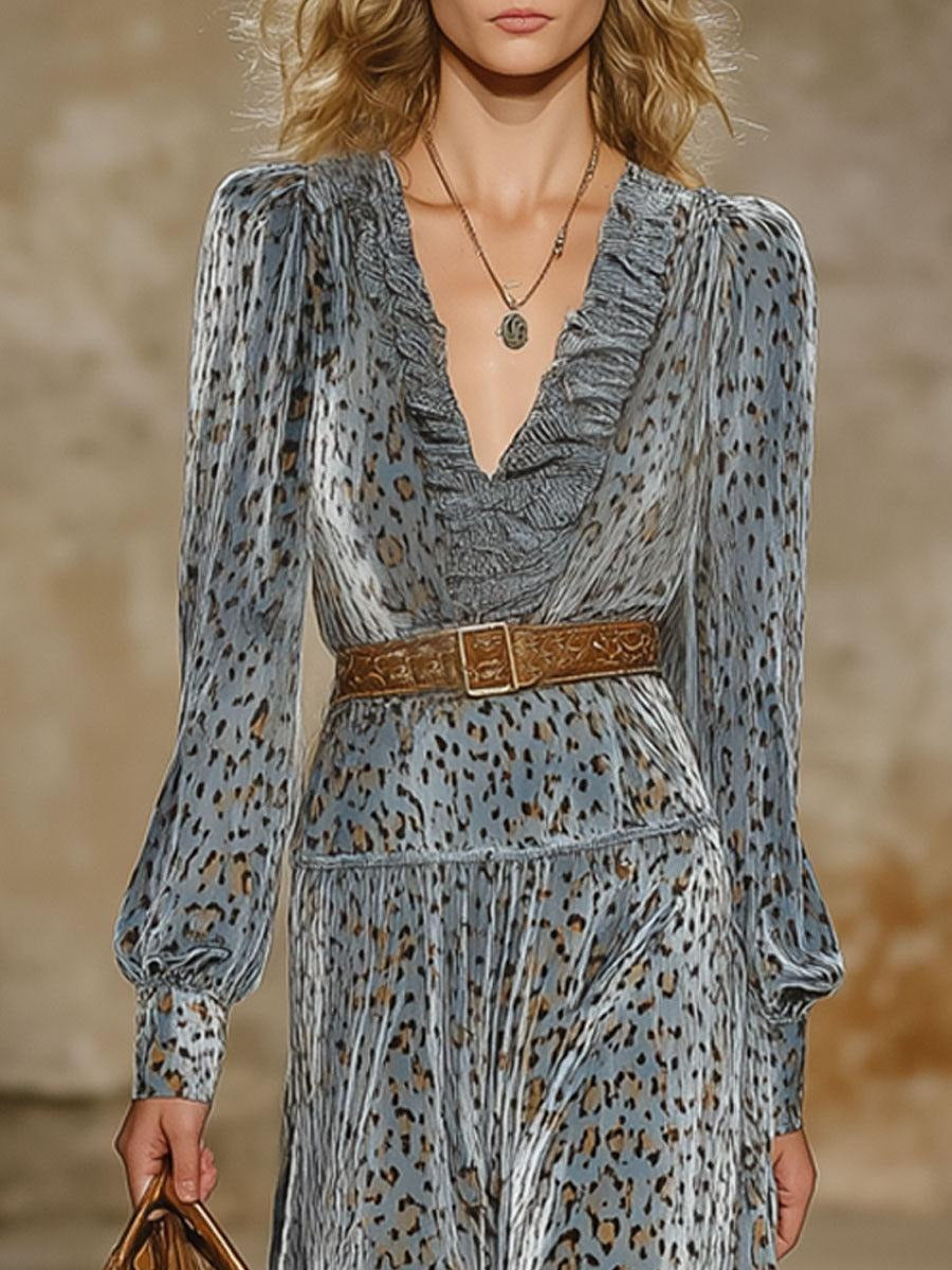 Grey Long Sleeve Leopard Maxi Dress