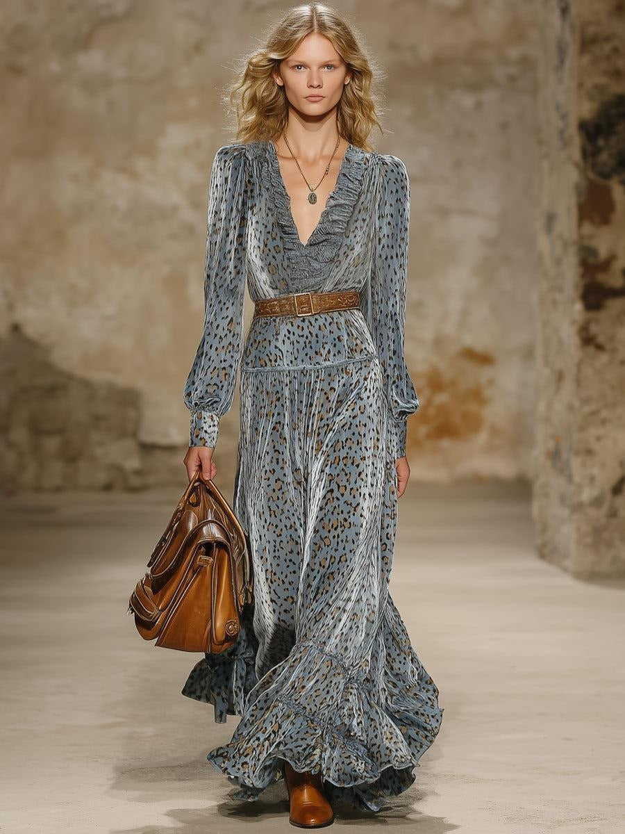 Grey Long Sleeve Leopard Maxi Dress