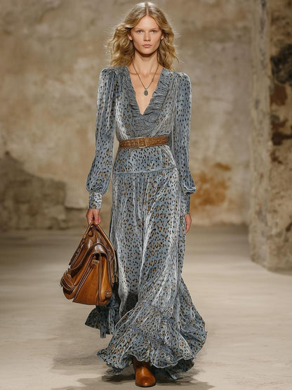 Grey Long Sleeve Leopard Maxi Dress