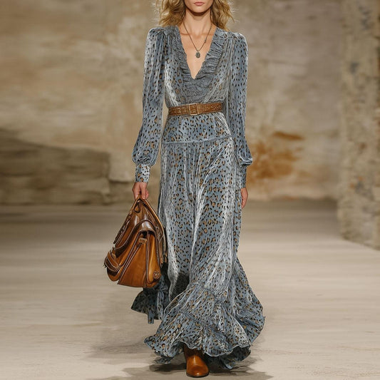 Grey Long Sleeve Leopard Maxi Dress