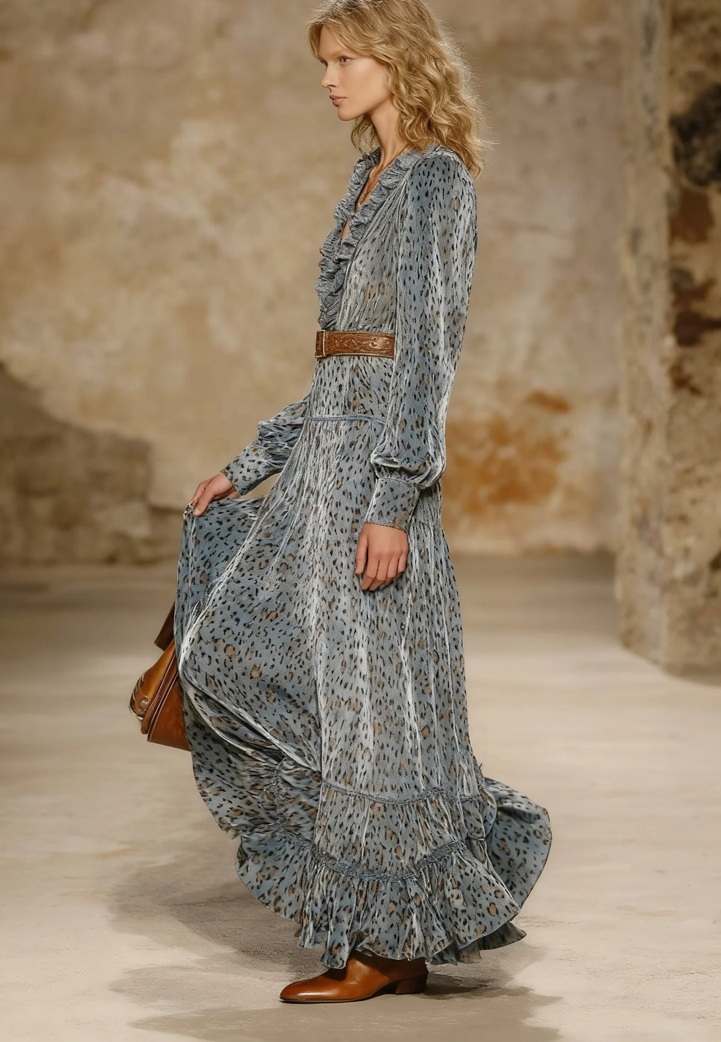 Grey Long Sleeve Leopard Maxi Dress