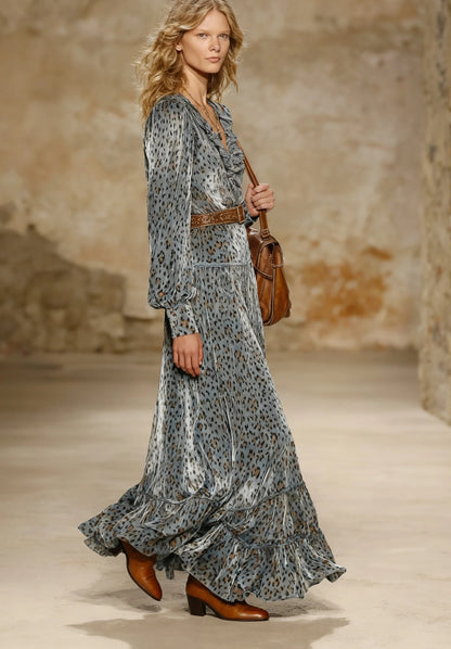 Grey Long Sleeve Leopard Maxi Dress