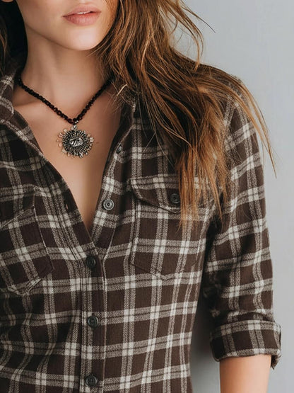 Brown Long Sleeve Check Top