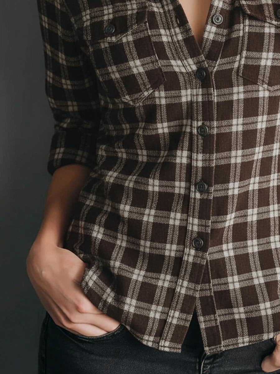 Brown Long Sleeve Check Top
