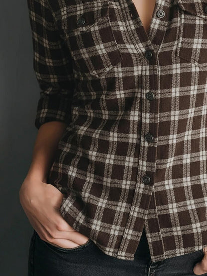 Brown Long Sleeve Check Top
