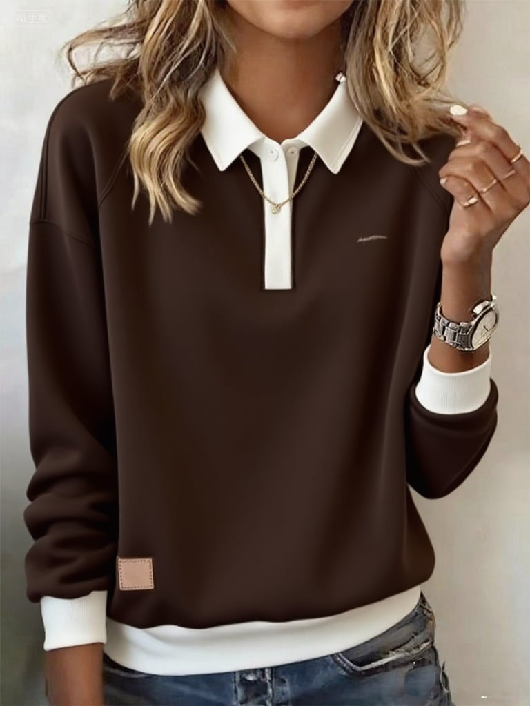 Coffee Long Sleeve Color Block Top