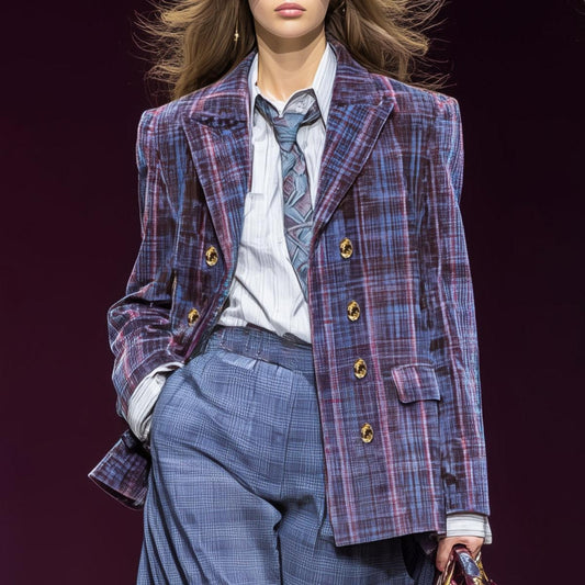 Purple Plaid Long Sleeve Blazer