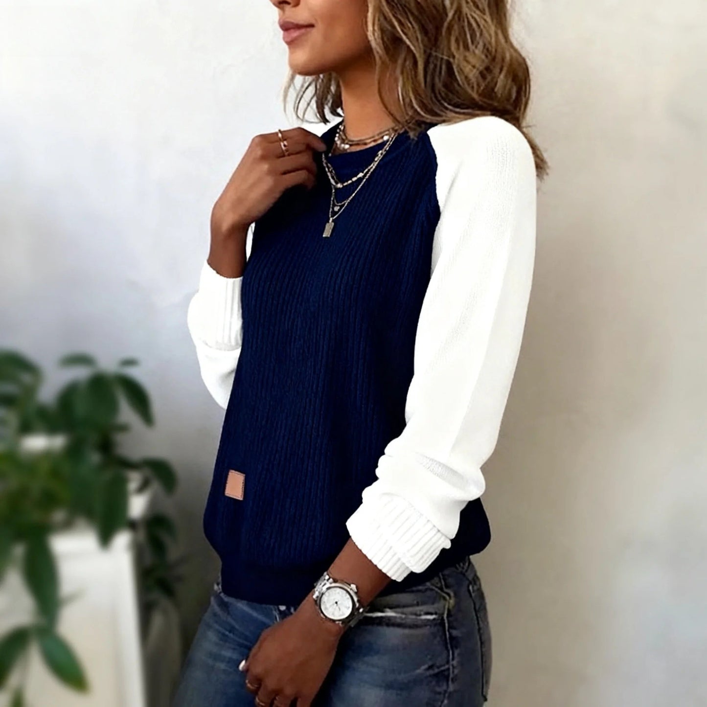Blue Color Block Long Sleeve Sweater