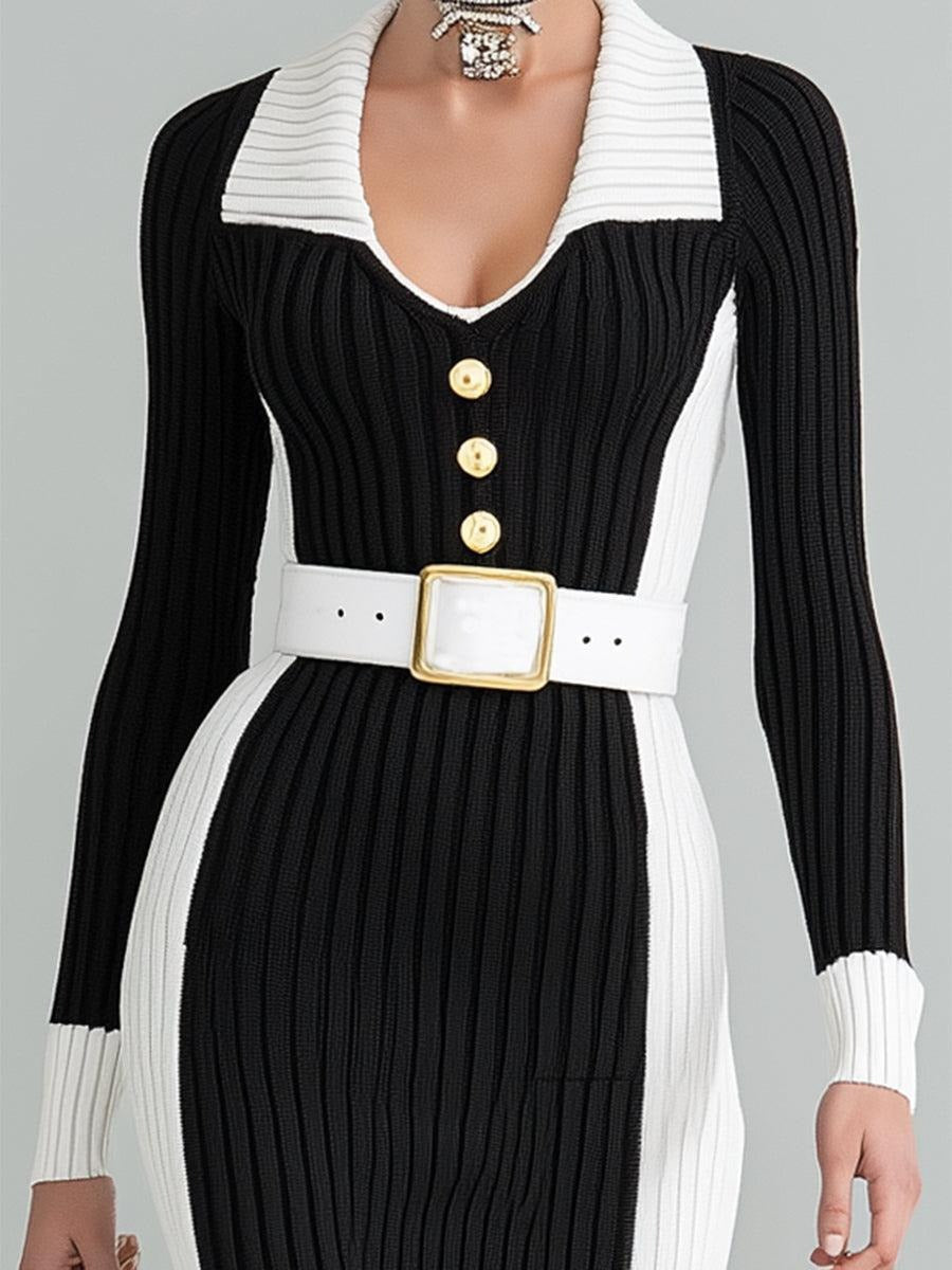 Black And White Color Block Maxi Sweater Dress