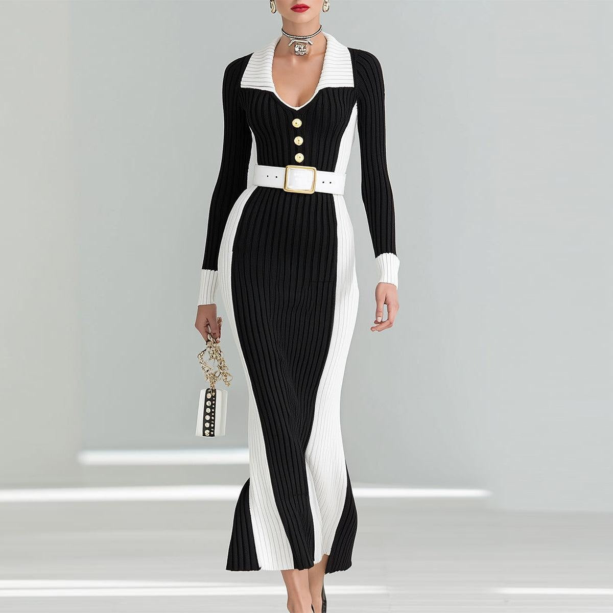 Black And White Color Block Maxi Sweater Dress