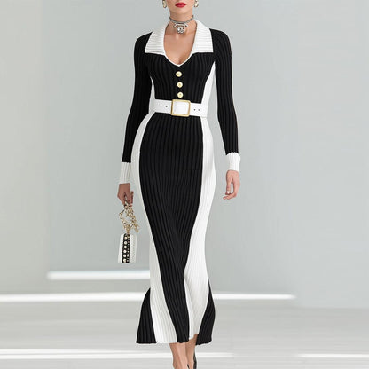 Black And White Color Block Maxi Sweater Dress