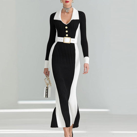 Black And White Color Block Maxi Sweater Dress