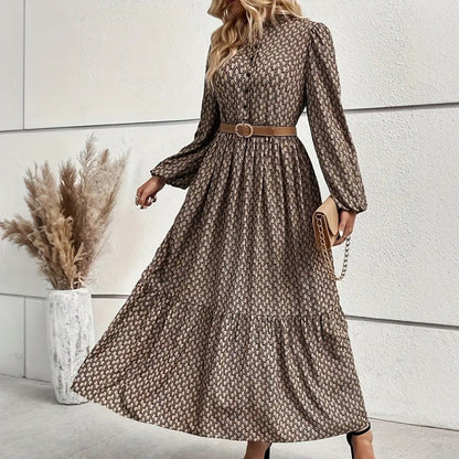 Retro Brown Long Sleeve Maxi Dress