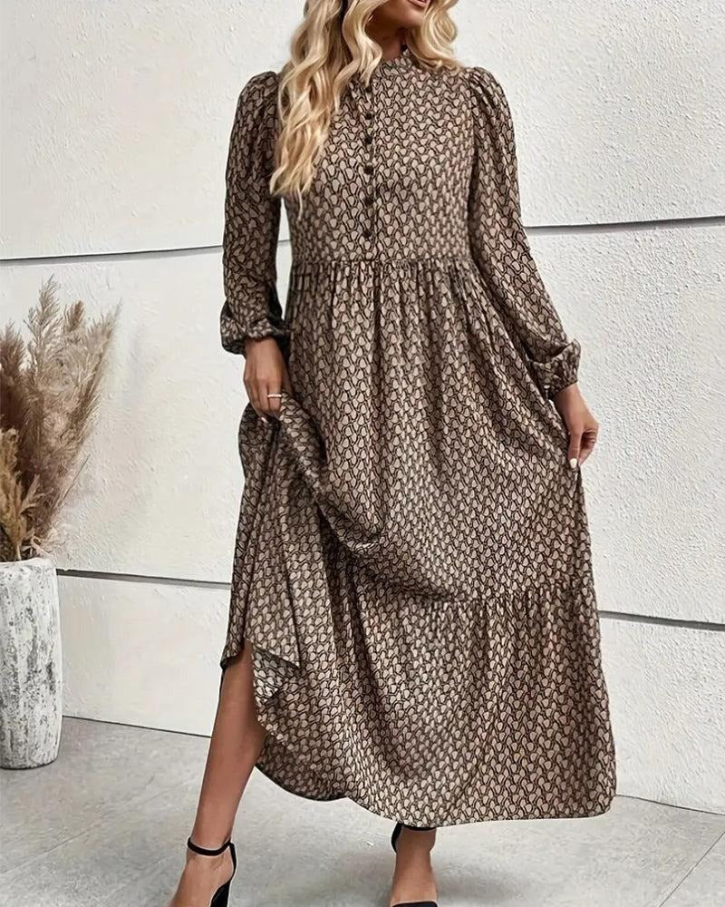Retro Brown Long Sleeve Maxi Dress