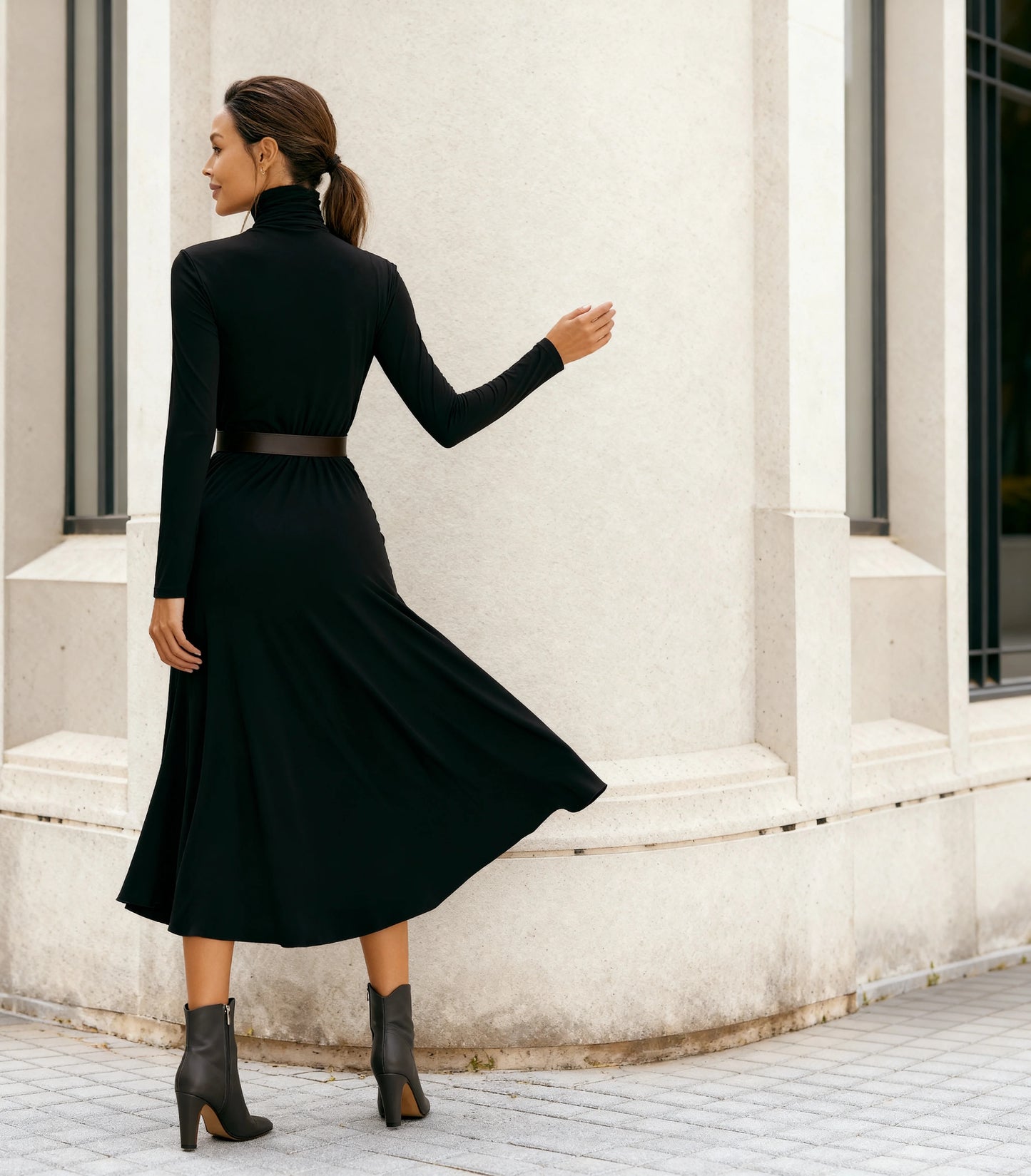 Classy Plain Turtle Neck Midi Dress